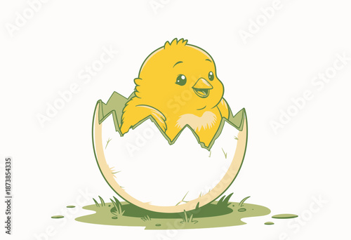 Adorable yellow chick joyfully emerging from a cracked eggshell, sitting gently on fresh green grass, symbolizing new beginnings and the wonders of nature