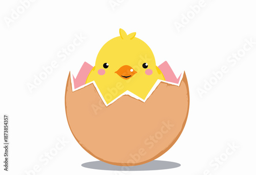 Adorable cartoon yellow chick hatching from a cracked egg with a cheerful expression and rosy cheeks