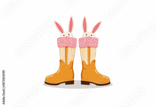 Playful Illustration of Bunny-Eared Rain Boots Filled with Cheerful Decorative Polka Dot Rimmed Socks and Creative Cartoon Design