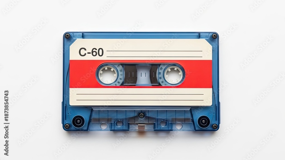 Fototapeta premium Vintage Blue C-60 Audio Cassette Tape on White Background.