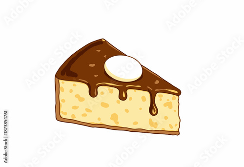 Illustration of a decadent slice of cheesecake topped with rich chocolate glaze and a dollop of cream showcasing a tempting dessert treat