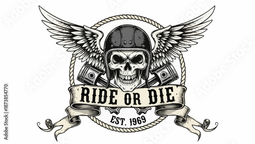 Skull with Wings and Pistons Emblem Motorcycle Biker Art.