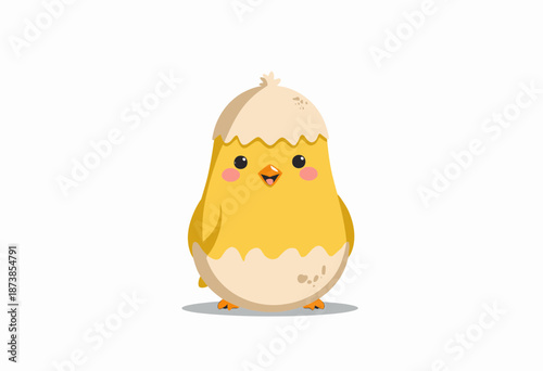 Adorable Cartoon Chick Emerging from Eggshell in Minimalist Style on White Background