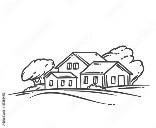 Tableau sur toile Farm village landscape with rural houses, trees and rolling land