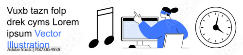 Education technology, music learning, online training, time management, virtual lessons, creative teaching. Person interacting with a computer, music notes and a clock. Music learning and education