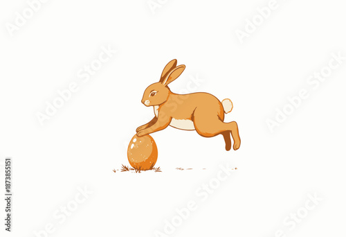 Illustration of a playful rabbit gracefully hopping over a colorful egg on a grassy field, capturing a moment of springtime joy and vibrant seasonal celebration