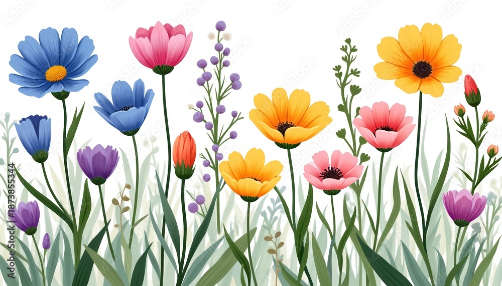 Fototapeta premium Illustration of various colorful meadow flowers. Blossom plants like blue, yellow, pink, orange, purple flowers with greenery create nature pattern on isolated white background for decoration
