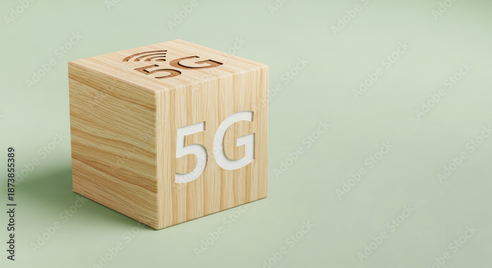 Fototapeta premium Wooden block displaying 5G symbol and logo on a soft green background, representing modern technology and connectivity in digital communication