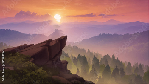 Misty mountain range at sunset with rocky outcrop in foreground mountains dusk