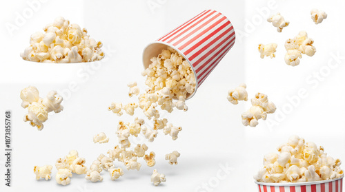 Bild auf Leinwand Collage of popcorn images featuring a central spilling bucket and scattered pieces against a white background