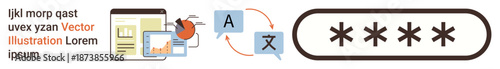 Cybersecurity, data protection, online translation, password management, language services, digital security. Graphic showcases password field, bug analysis and translation icons. Cybersecurity