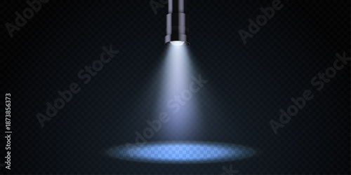 Flashlight with a spotlight beam illuminates in the dark, creating a bright, realistic circle of light. Vector 3D illustration.