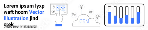 Digital hand interacts with touch panel, CRM cloud connects ideas, test tubes show data analytics. Ideal for CRM, automation, cloud software, business, analysis, marketing technology simple landing