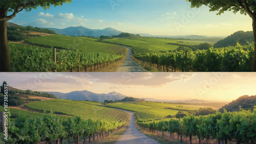 Split image of a Tuscan vineyard landscape with rolling hills and mountains at sunset