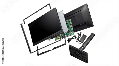 Tableau sur toile Exploded view of a disassembled computer monitor, revealing screen, internal circuitry, stand, and power adapter on white