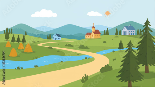 Idyllic Countryside Landscape with Winding Road and Rolling Hills river