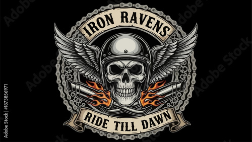 Skull with wings and flames motorcycle emblem.