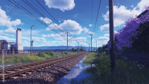 Train tracks leading into the distance with reflections in water and a blue sky with clouds