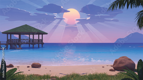 Tropical Beach Gazebo at Sunset with Calm Ocean and Mountains water