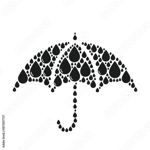 Abstract graphic design of an umbrella formed by numerous black teardrop shapes on a white background, symbolizing rain or protection from weather.