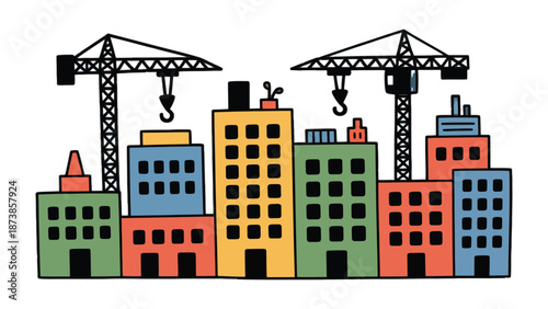 Building Dreams: A vibrant cityscape sketch with construction cranes, illustrating urban development and architectural progress. 