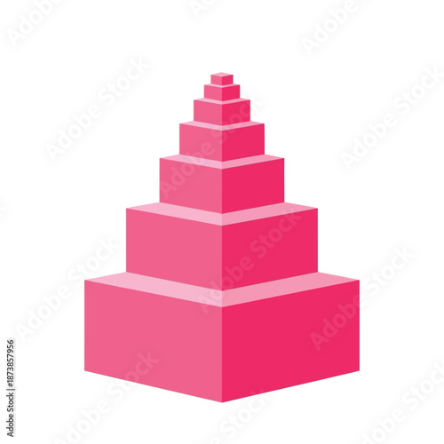 A vibrant pink stepped pyramid composed of multiple decreasing cuboid layers, rendered in a clean 3D isometric style on a white background.