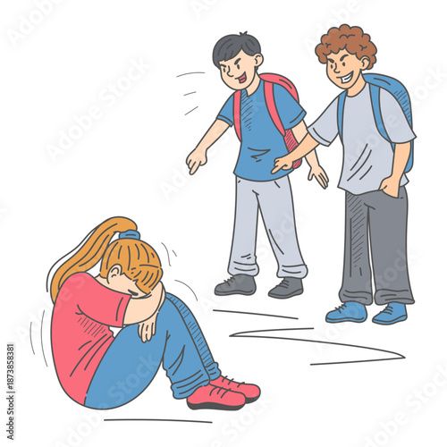 Two boys teasing girl vector isolated. Illustration of a school children making fun of their classmate. Victim of bullying sitting and crying. Conflict in school. Children pointing at girl.