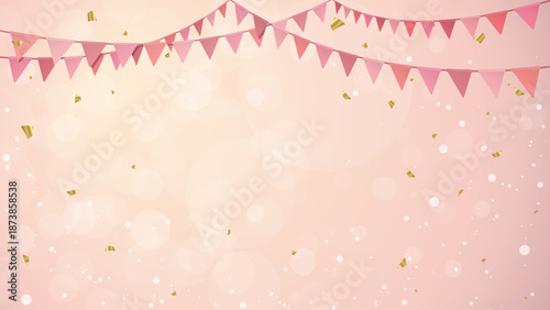 Pink hanging flag garlands and golden confetti with soft bokeh blurred pink background have blank space.