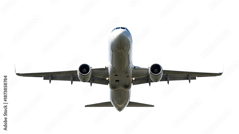 Fototapeta premium Commercial Passenger Airplane Flying Overhead Isolated on White Background