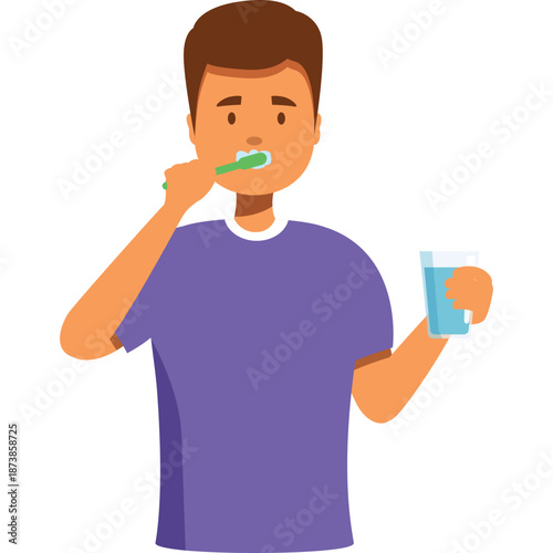 Man brushing teeth and holding a glass of water