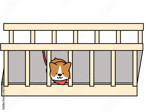 ベランダの柵から顔を出して外を眺めるコーギーのイラスト