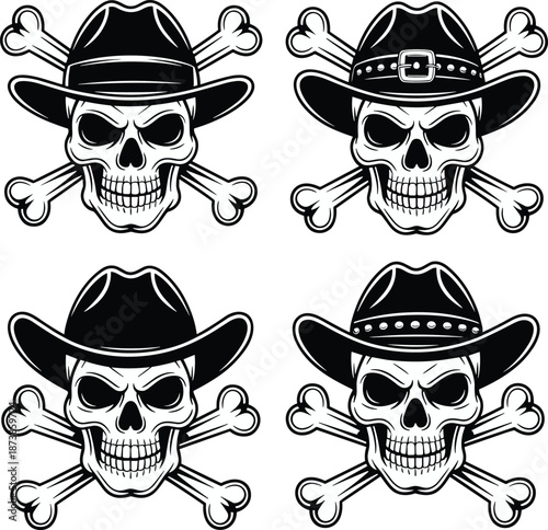 Black and white cowboy skull illustration set featuring crossed bones western outlaw skulls vector icons for tattoo logo branding design