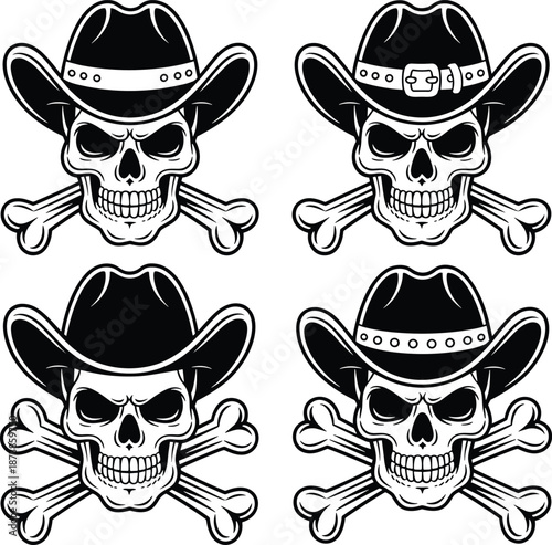 Black and white cowboy skull illustration set with crossed bones western outlaw skull vector icons for tattoo logo and branding