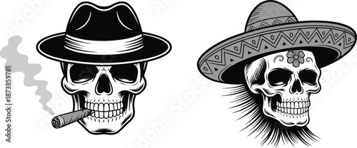 Black and white skull illustration wearing hat and sombrero with cigar vintage tattoo style vector artwork design