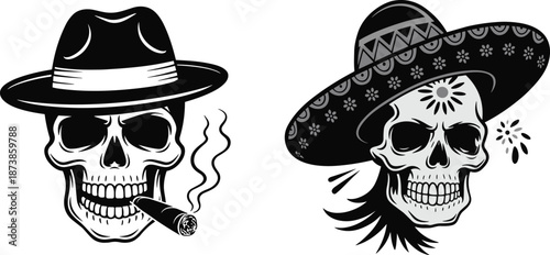 Black and white skull illustrations wearing fedora and sombrero hats with cigar smoking vintage gothic tattoo style vector artwork
