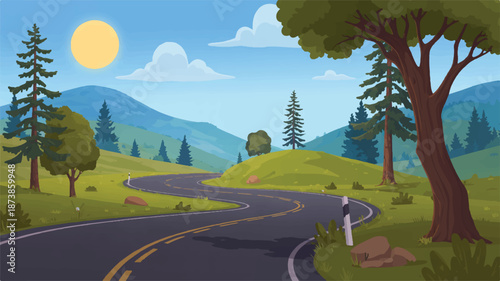 Winding asphalt road through a green hilly landscape with trees and mountains highway