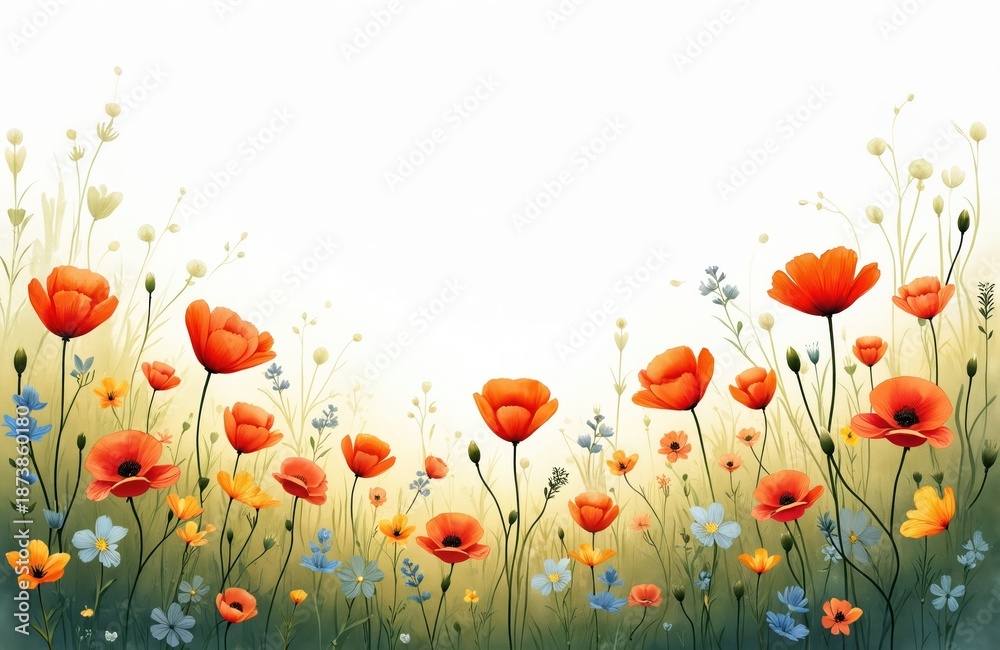 Fototapeta premium Poppy flowers field on white background. Colorful floral design with copy space. Minimalist summer field illustration with wild plants, grass. Gentle artistic floral meadow with spring blossom,