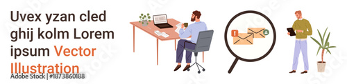 Office communication, digital tools, data security, email management, productivity, and technology. People working at desks, magnifying glass on email a person with a tablet. Business communication