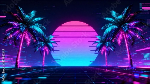 Neon palm trees and digital sunset