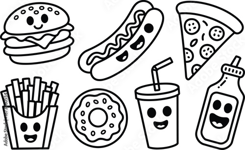 Black and white cartoon food and drink with faces burger