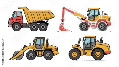 Construction Vehicle Assortment: A detailed illustration showcasing a fleet of heavy-duty construction vehicles. including a dumper truck, excavator, bulldozer, and a wheel loader.