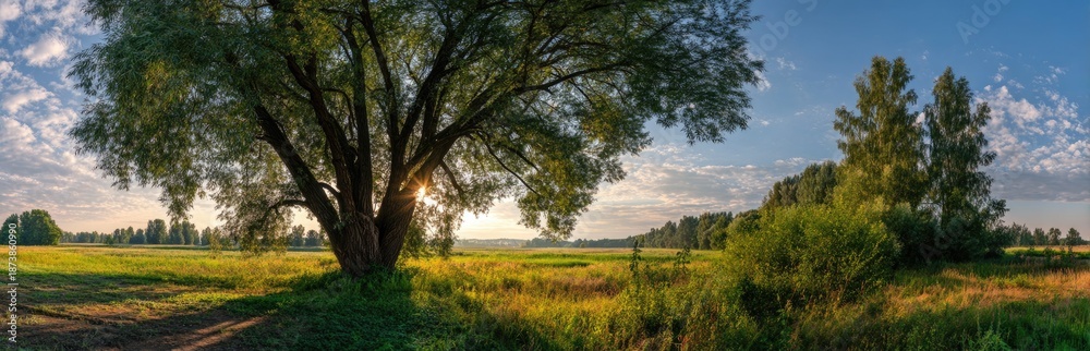 Obraz premium Large tree in golden field with blue sky and sunlight