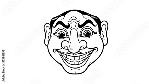 A detailed line drawing of a smiling, stylized cartoon face with exaggerated features.