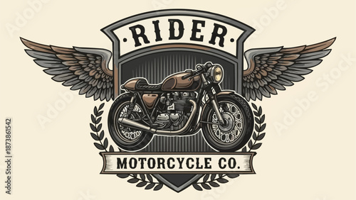 Vintage Motorcycle Emblem With Wings And Laurel Wreath.