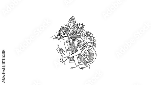 Iconic Indonesian wayang kulit figure, minimalist vector outline, black line art, white background