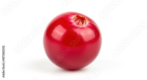A single vibrant red cranberry with a glossy skin and a small calyx, isolated on a clean white background.