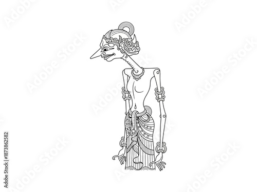  Tall slender wayang kulit Petruk, minimalist vector outline, thin black stroke, white background