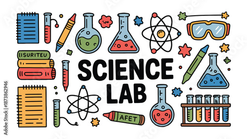 Science Lab Essentials: A colorful illustration showcasing essential science lab equipment arranged around the words SCIENCE LAB