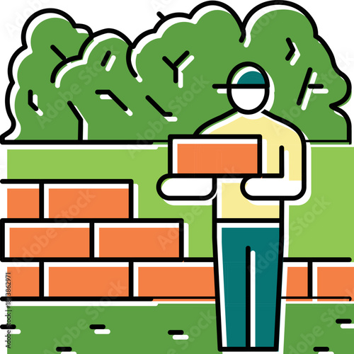 Mason building a brick wall with greenery