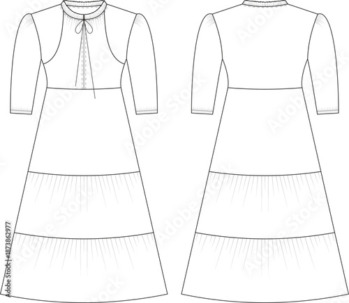 Paneled Long Dress with Yoke and Neck Frill Front and Back View